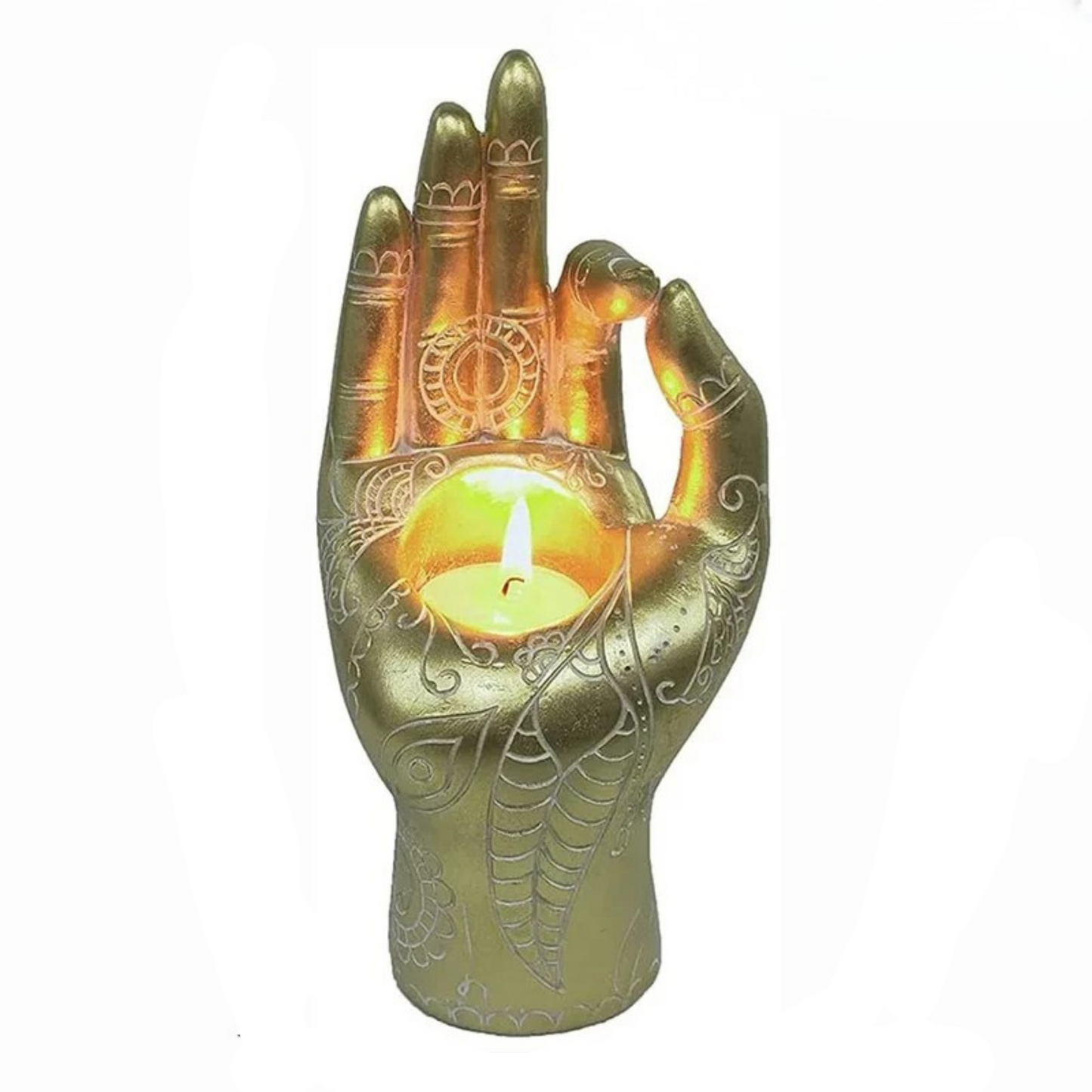 "Sacred Mudra" golden Buddha hand candle holder — side view with dimensions, antique gold mandala finish