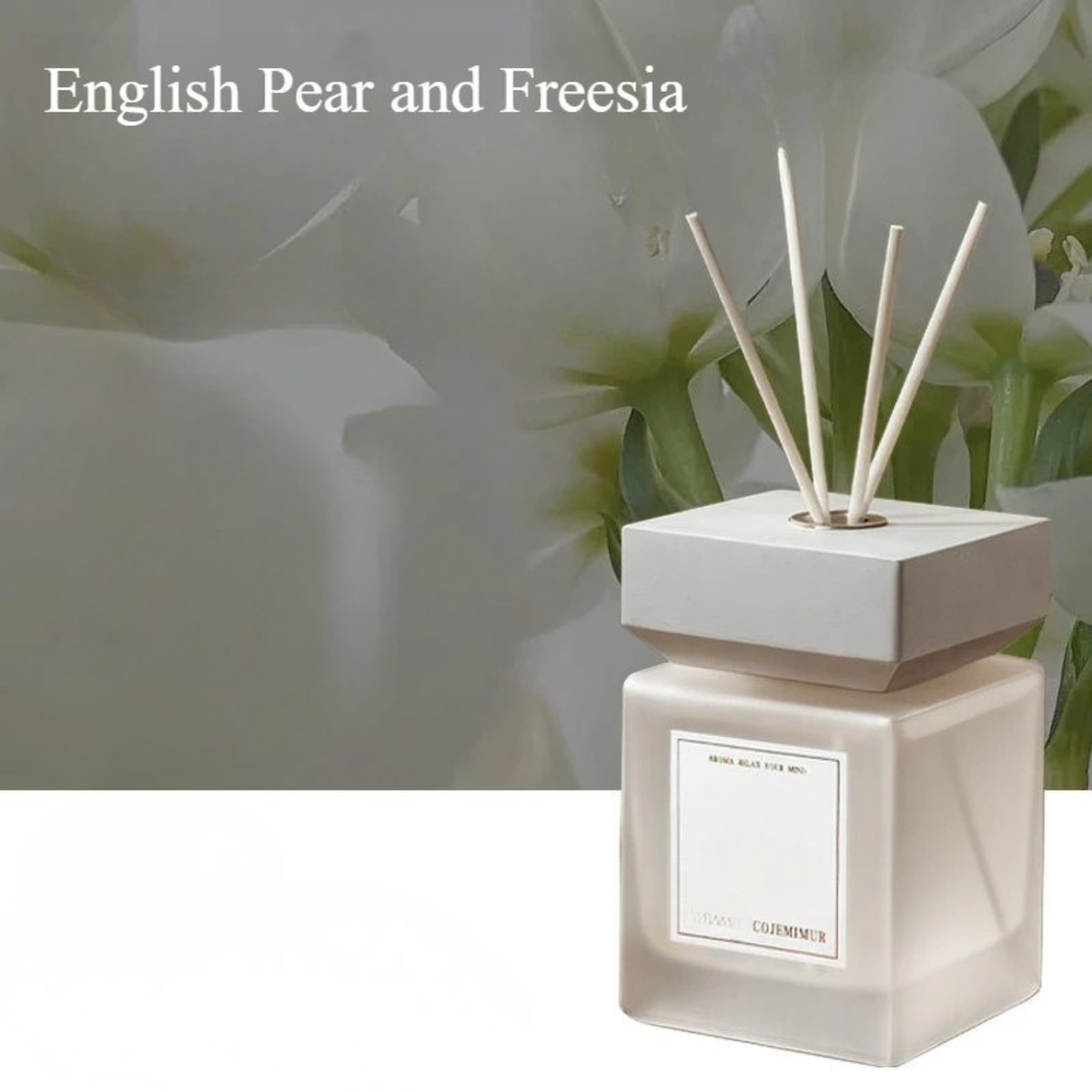 Signature Scent reed diffuser 200ml — English Pear Freesia — frosted white glass bottle with natural reed sticks — CL House