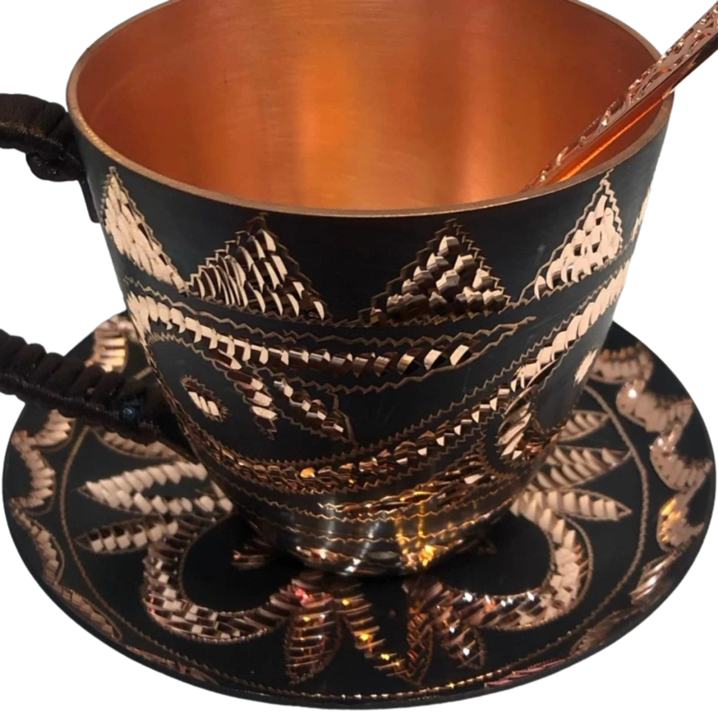"Bloom & Brew" copper tea mug set with saucer and spoon, side angle — black and copper carved detail — CL House