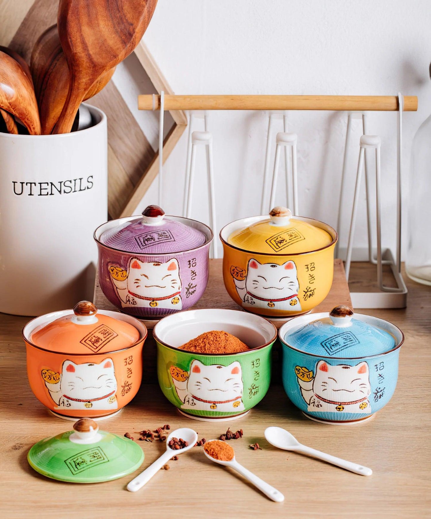 Unique Kitchen Decor Spice Organization
Lucky Cats
Lucky Cat Condiment Set
Lucky Cat
Kitchen Style Ceramic Condiment Jars Featuring Lucky Cat Designs
Kitchen Decor Japanese Condiment Set
Good Fortune
Ceramic Containers
Ceramic Condiment Containers
Adorable