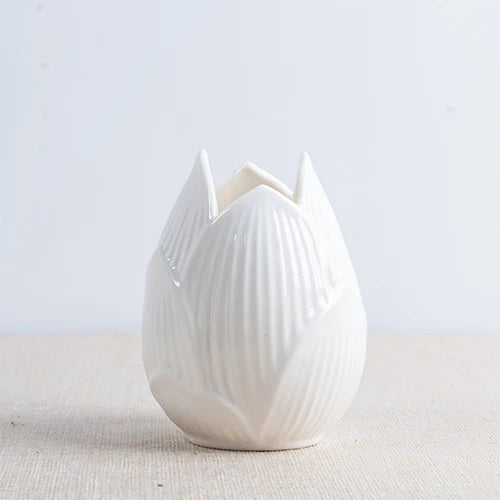 "Petal Bloom" Ceramic Lotus Vase — Large size, single, white ceramic with dried branches