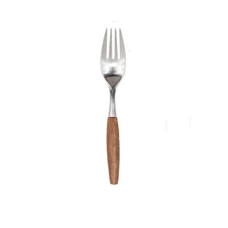 Matte stainless steel dinner fork with natural wood handle, 192.4mm length, white background