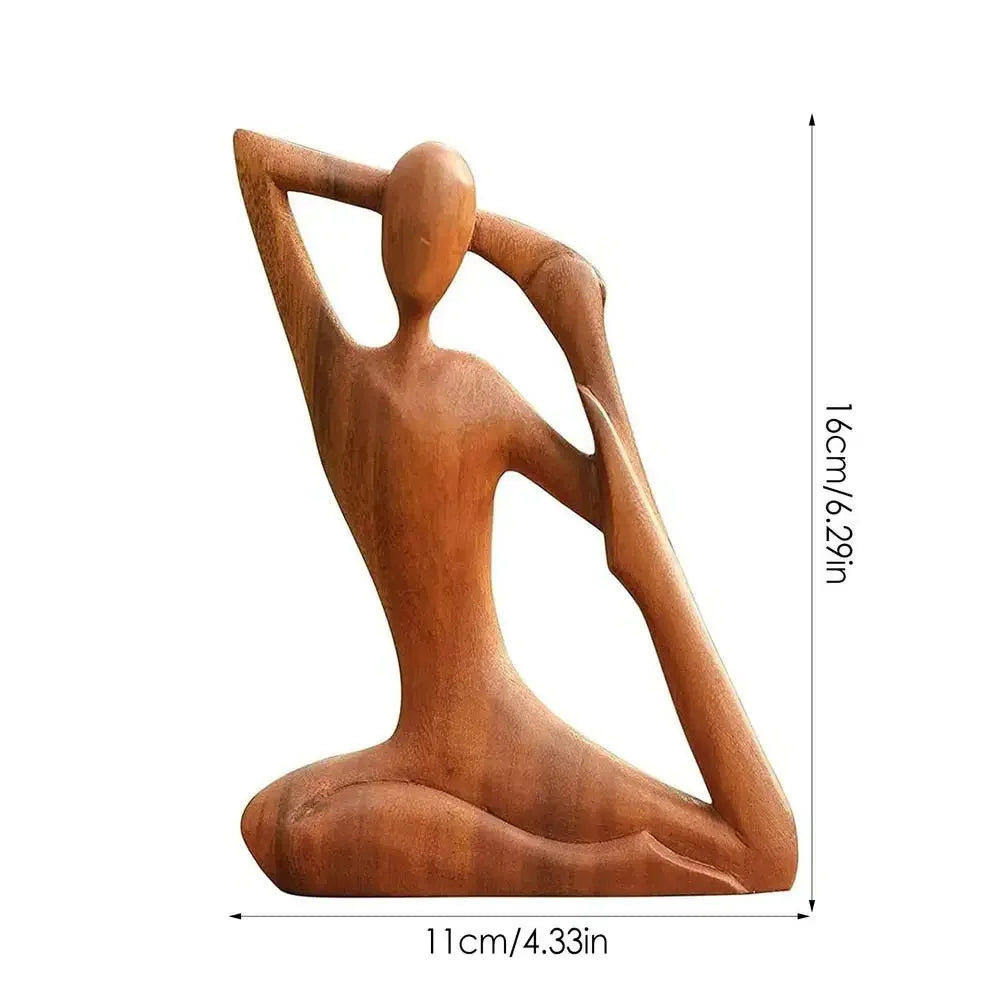 Still Forms Expand — abstract wooden yoga figure with arm arched behind head, natural wood sculpture, japandi style