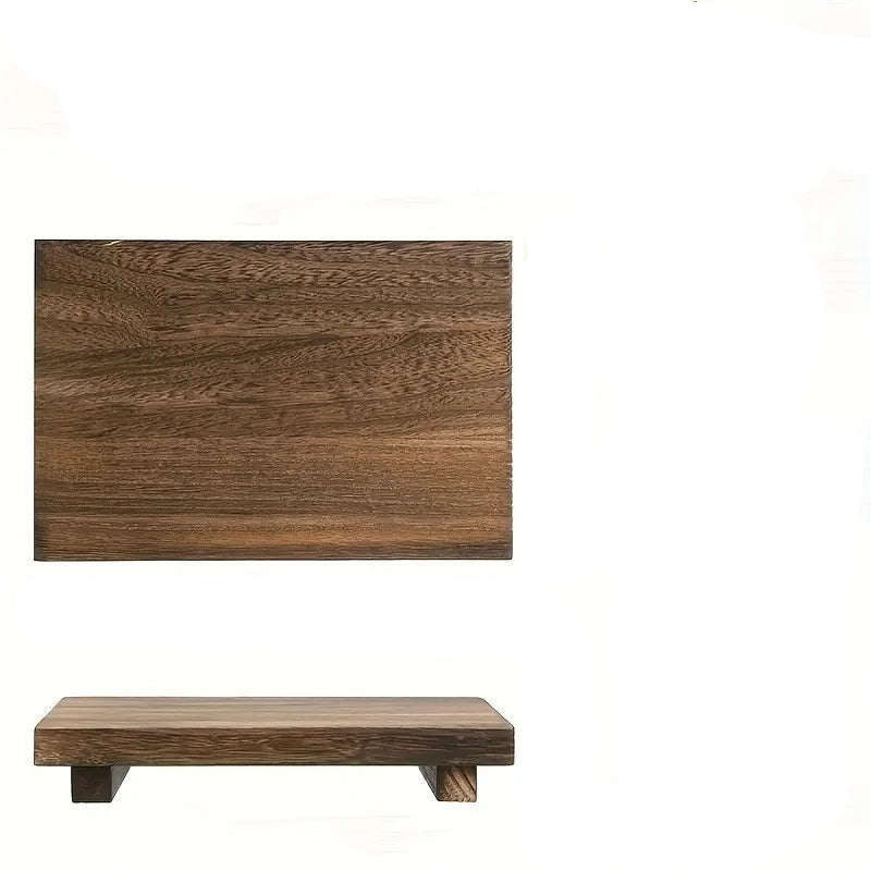 Walnut wood elevated bathroom tray with four short legs, top view and side view on white background — japandi bathroom organiser