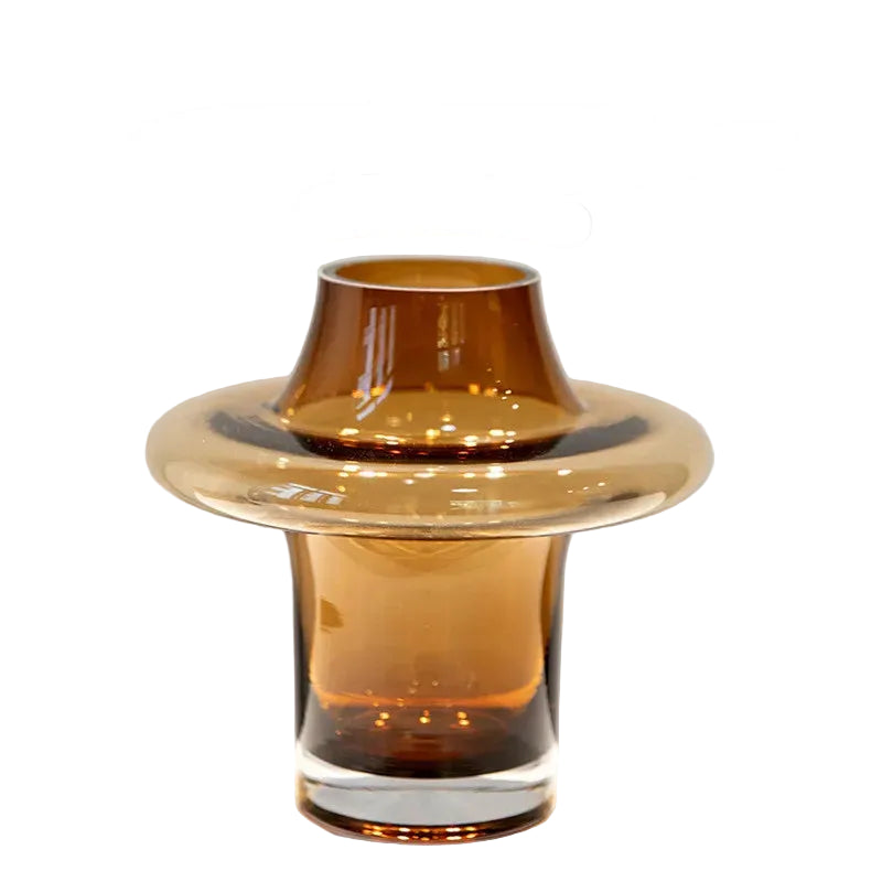 "Amber Disc" Sculptural Glass Vase — Small, warm amber glass disc vase, minimalist wabi-sabi decorative accent