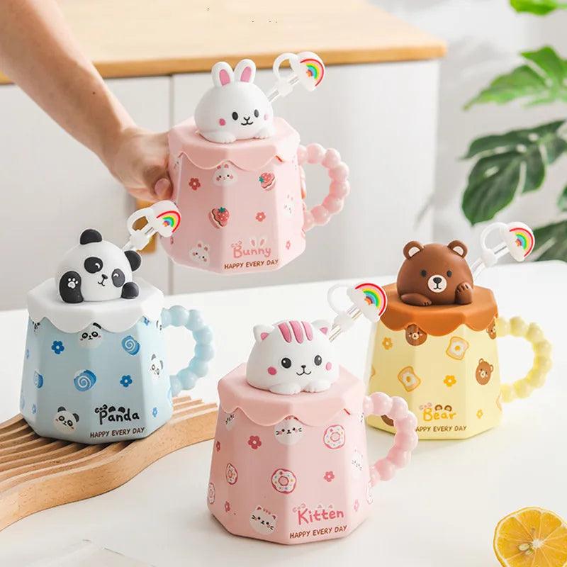 Cartoon Ceramic Mug Lid And Spoon Novelty Mug Kids Mug Cute Coffee Mug Gift Anime Kawaii