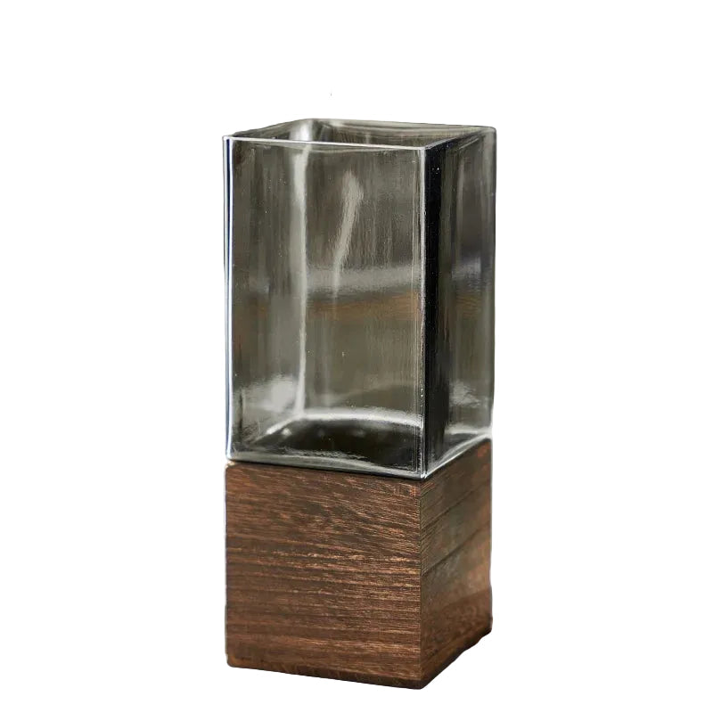 "Timber & Glass" Square Stem Vase — Wide 9.5 × 25cm — clear glass body with dark wood base, Japandi minimalist decor