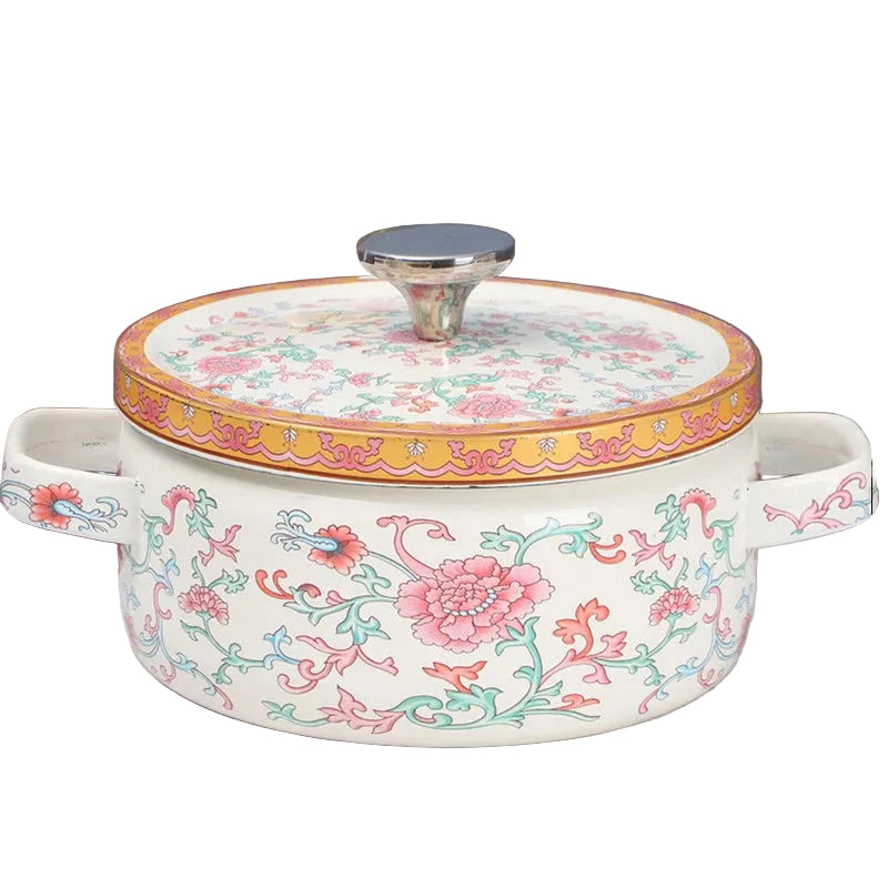 Floral enamel casserole with lid, Lotus Bloom design — pink peonies and green trailing vines on cream enamel, gold border, steel knob, white background — Peony Garden by CL House