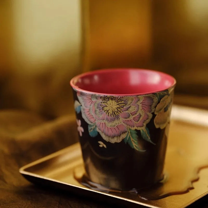 "Kesi Artisan" handmade ceramic straight cup with black floral textured glaze — CL House Tea Time