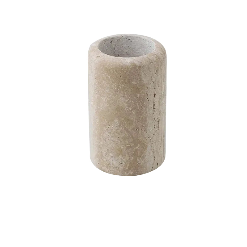 Natural travertine toothbrush cup with cylindrical form, warm beige stone texture, 7 × 10.5 cm — wabi-sabi bathroom accessory