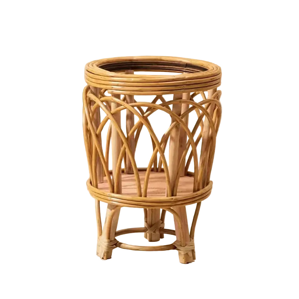 Rattan Weave" natural rattan plant stand with arch weave pattern, Small size, glass top insert, four-legged base, warm honey tone finish, shown on white background