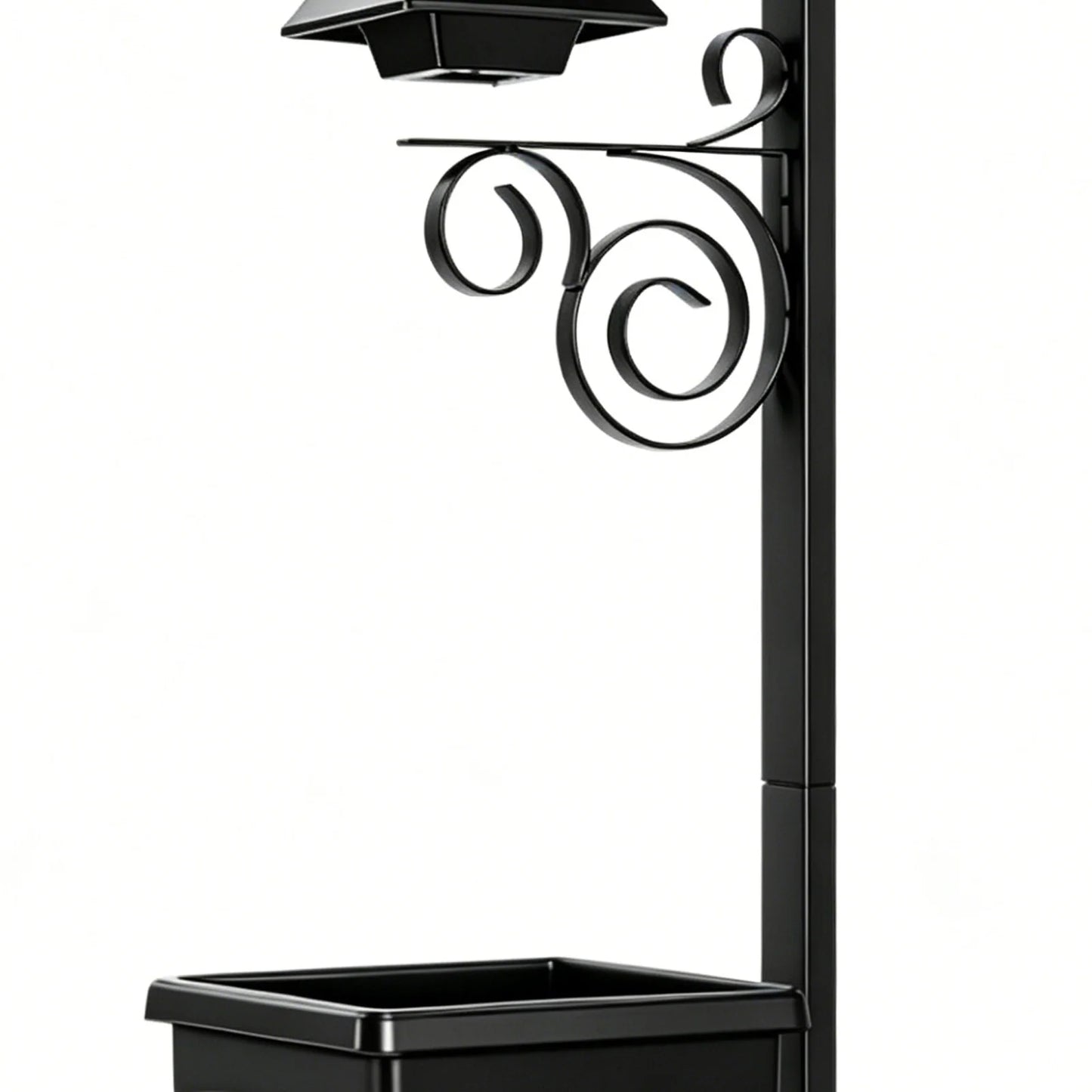 Close-up detail of matte black solar garden post showing ornate scrollwork bracket, solar panel, and integrated square planter box on white background