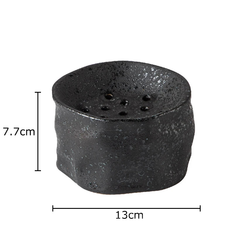 Obsidian kenzan ceramic bowl with flower frog holes, 13×7.7cm, matte black glaze"