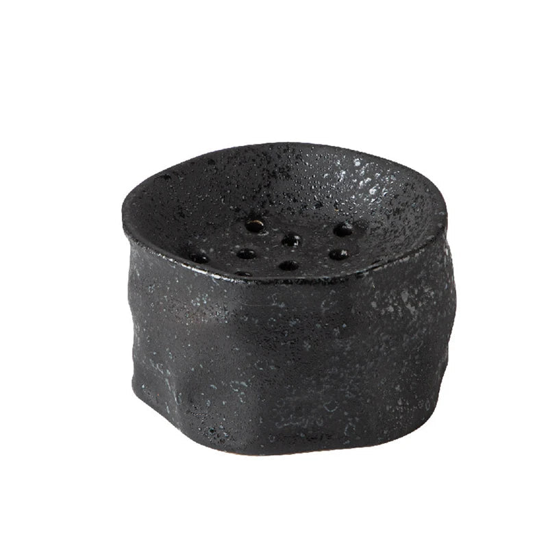 Obsidian kenzan ceramic bowl with flower frog holes, 13×7.7cm, matte black glaze"