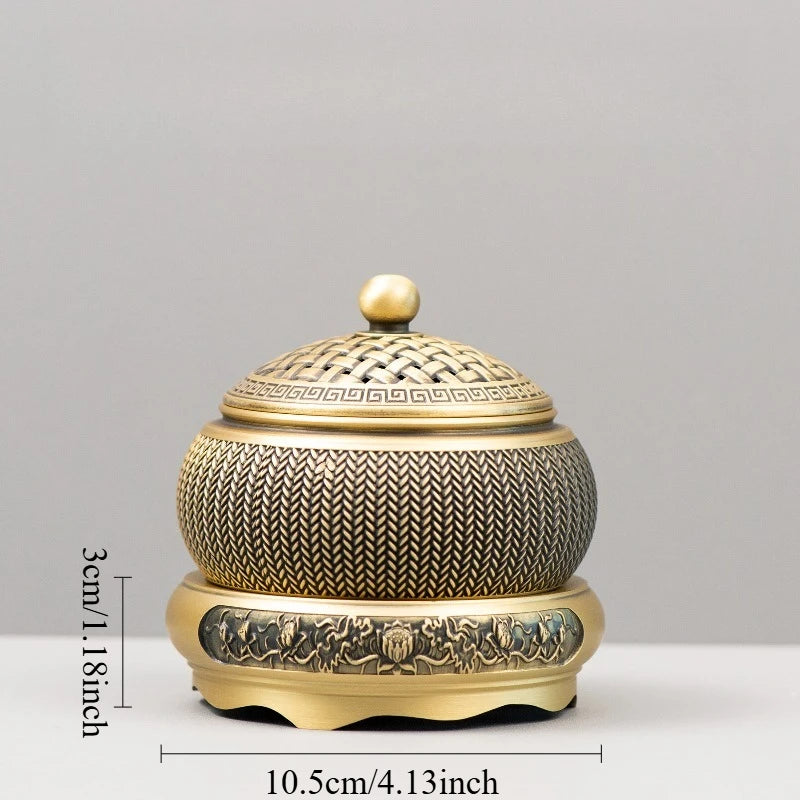 "Woven Brass" Incense Burner with stand — Chinese lattice copper censer, gold knob | CL House