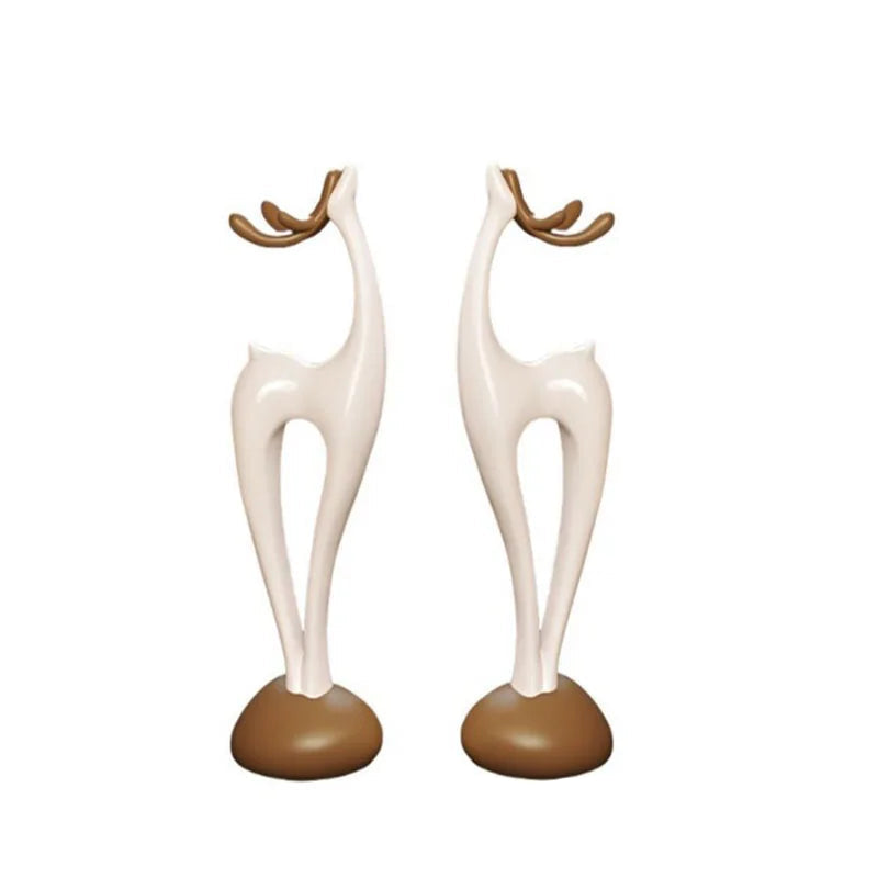 "Stone Stack" Deer Sculptures — pair, abstract ivory resin with walnut base