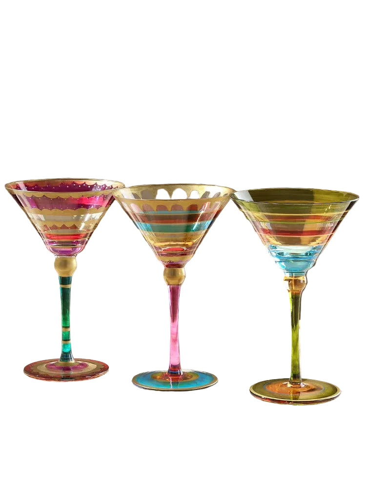 "Chromatic" hand-painted martini glasses in Blossom, Botanica and Carnival variants together — CL House Drinkware collection