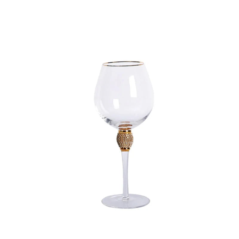 "Golden Jewel" Large Wine Glass with gold rim and micro-crystal bead stem, on a white background