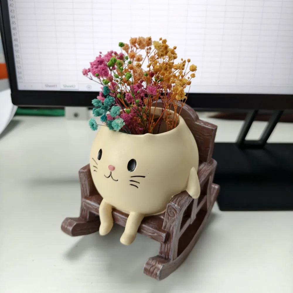 Cat rocking chair planter
Cute succulent pot
Desk stress relief ornament
Resid cat flower pot
Mini planter with drainage
Whimsical office decor
Rocking chair plant holder
Gift for cat lovers
Creative tabletop statue
