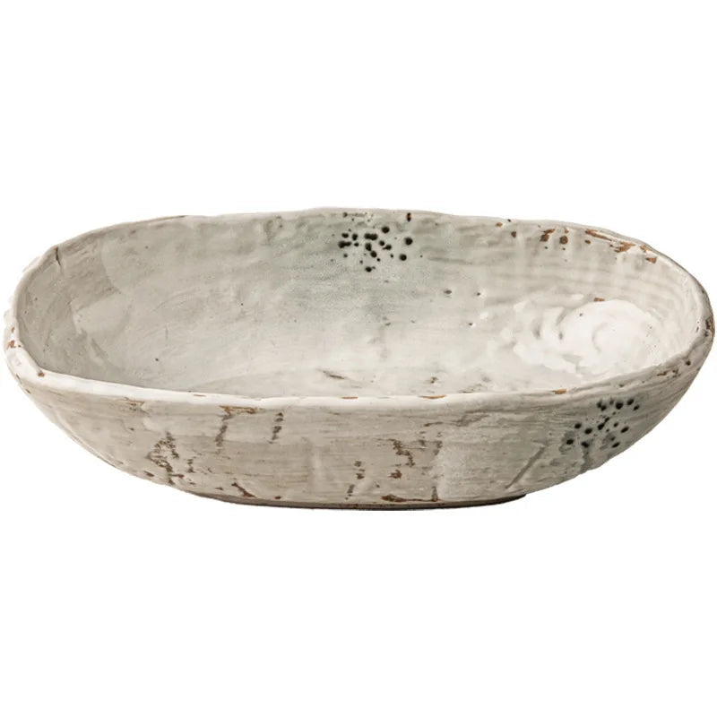 Oval Deep Bowl — 9in | 23 × 12.6cm · H 5.9cm · 700ml · 546g, wabi-sabi stoneware ceramic with celadon glaze and ink-spot markings, white background