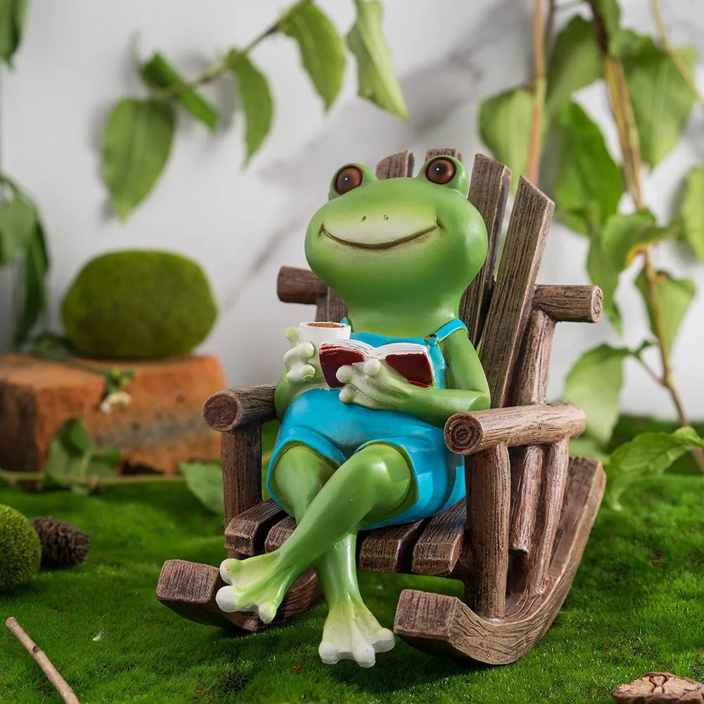 Rocking coffee frog figurine
Reading frog garden statue
Whimsical office desk decor
Coffee lover gift ideas
Modern art frog decor
Relaxing desktop ornaments