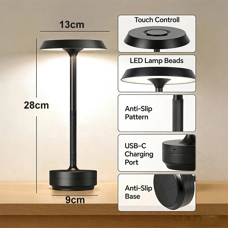Technical diagram of the "Disc & Stem" table lamp showing dimensions 13 × 28 × 9cm, with close-up details of touch control, LED beads, knurled stem, USB-C charging port and anti-slip base — by CL House