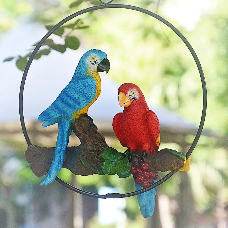 "Perch Duo" Hand-Painted Resin Parrot Hanging Ring Ornament