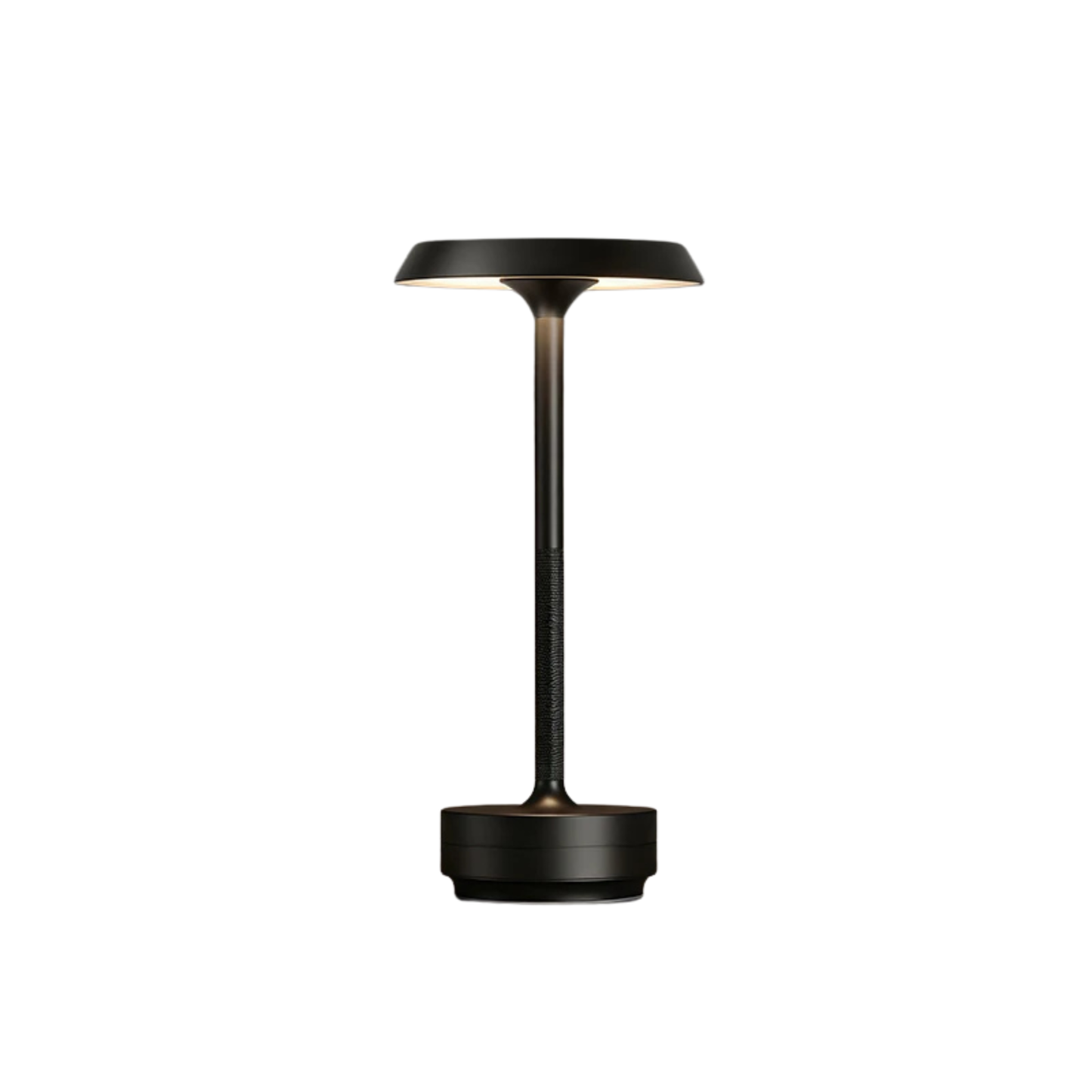 Black aluminium rechargeable table lamp with disc shade and knurled stem, shown against a white background — "Disc & Stem" by CL House