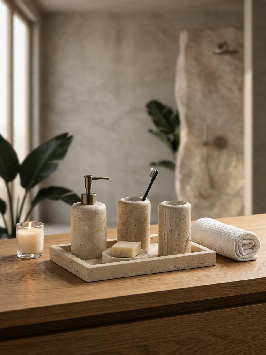 Luxury bathroom vanity styling with travertine soap dispenser, toothbrush holder and candle on wooden surface - CL House & Home