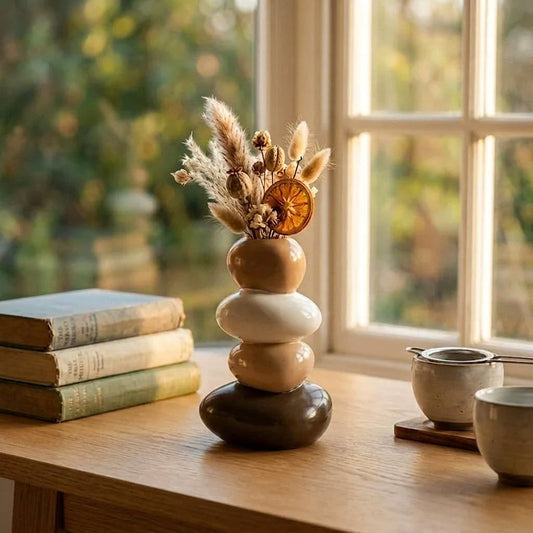 Wabi-Sabi ceramic stacked vase with dried botanicals styled on a wooden desk beside vintage books and a tea cup — zen home decor UK