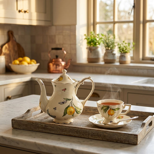 cozy modern country kitchen tea station with botanical lemon teapot