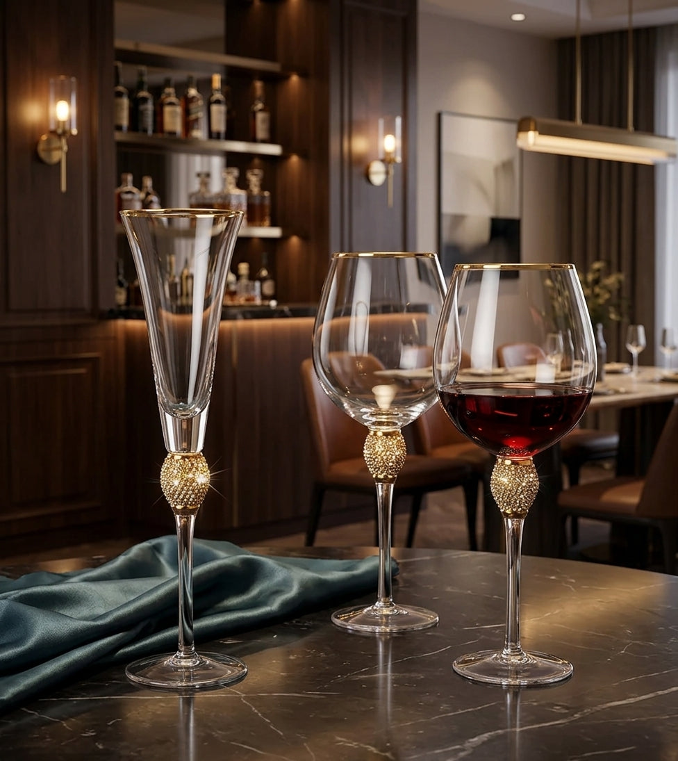 luxury golden jewel crystal wine glass with rhinestone stem