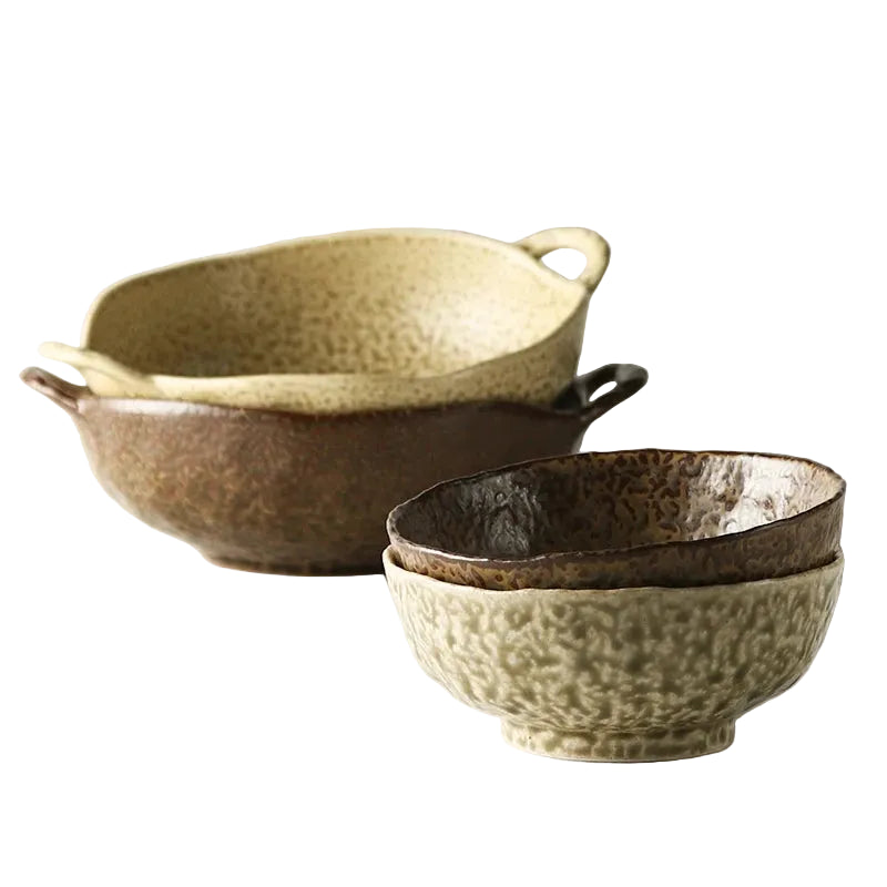  "Wabi Crest" stoneware bowls in all four styles — Serving Bowl Stone, Serving Bowl Earth, Ramen Bowl Stone and Ramen Bowl Earth — displayed together on white background