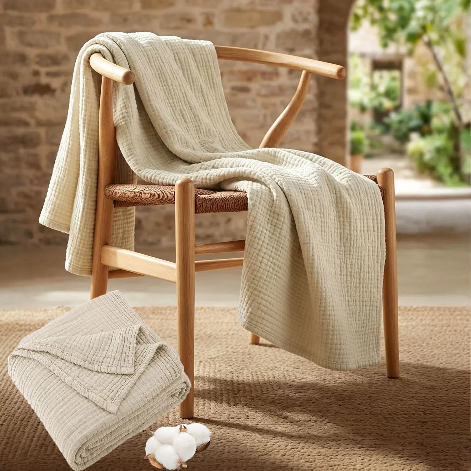  Warm Sand 100% cotton 6-layer muslin throw blanket draped over a wooden chair with folded blanket and raw cotton on a jute rug


