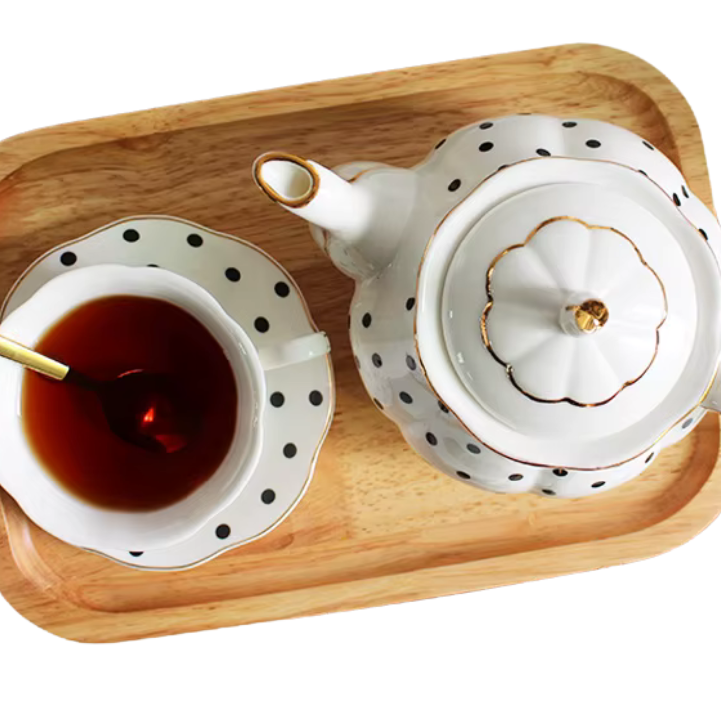 "White bone china teapot with black polka dots and gold trim, 860ml — CL House Tea Time collection"