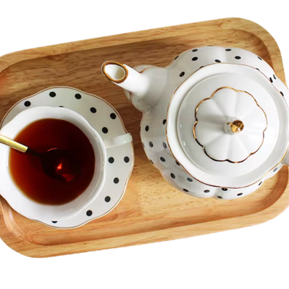 "White bone china teapot with black polka dots and gold trim, 860ml — CL House Tea Time collection"