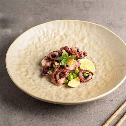 Handcrafted stone sand ceramic dinner plate with hammered texture, styled with gourmet seafood dish and chopsticks