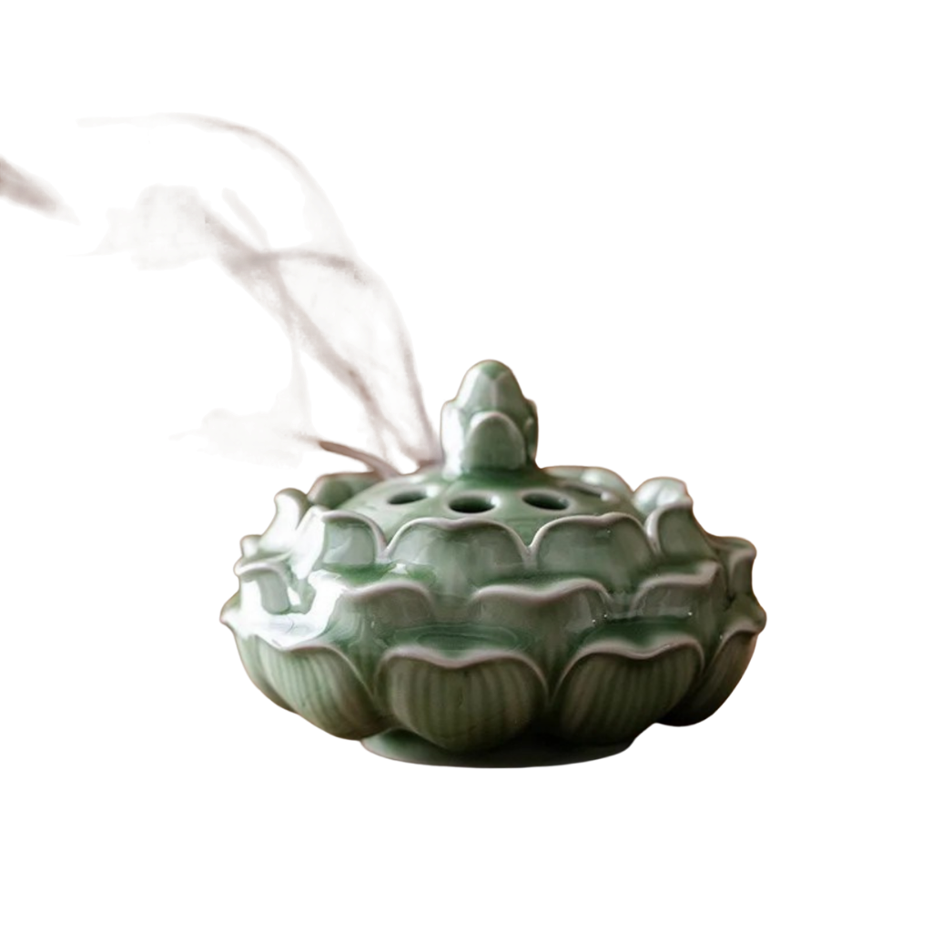 "Lotus Bloom" celadon ceramic incense burner — full view in sage green — CL House