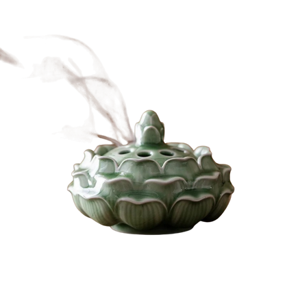 "Lotus Bloom" celadon ceramic incense burner — full view in sage green — CL House