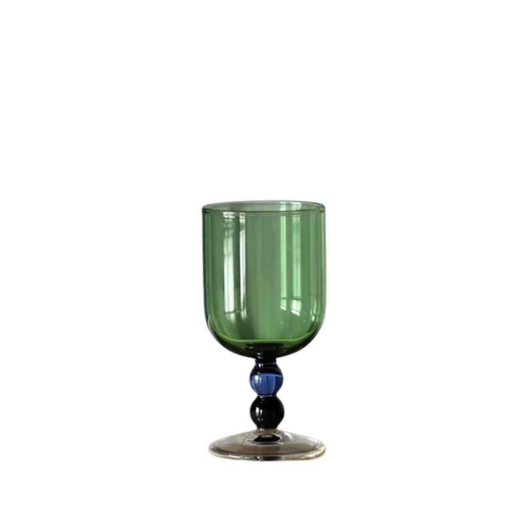 "Chromatic Orb" glass goblet in forest green with two-tone blue and black bead stem