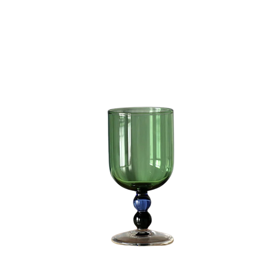 "Chromatic Orb" glass goblet in forest green with two-tone blue and black bead stem