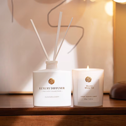 Glamour & Cheery Luxury Diffuser and Westin White Tea scented candle — white edition lifestyle