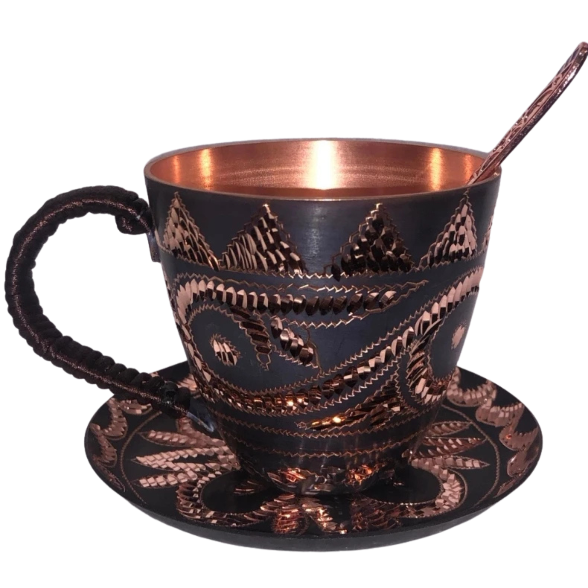 "Bloom & Brew" copper tea mug top view with saucer — hand-carved black and copper finish — CL House