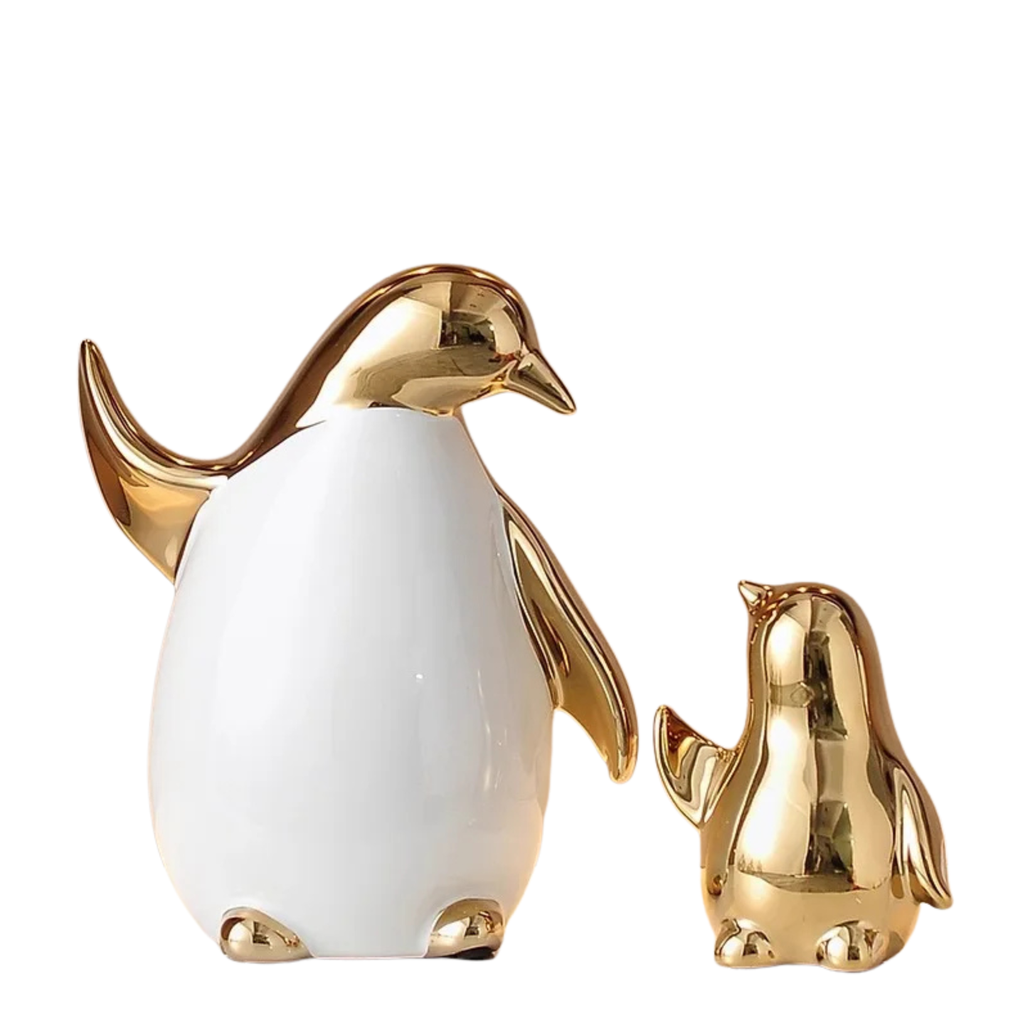 "Arctic Family" ceramic penguin figurine set of 2 in gold metallic finish, CL House