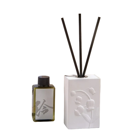  "Lotus Bloom" ceramic reed diffuser set — white porcelain with tulip embossed relief and fragrance oil on marble tray — CL House