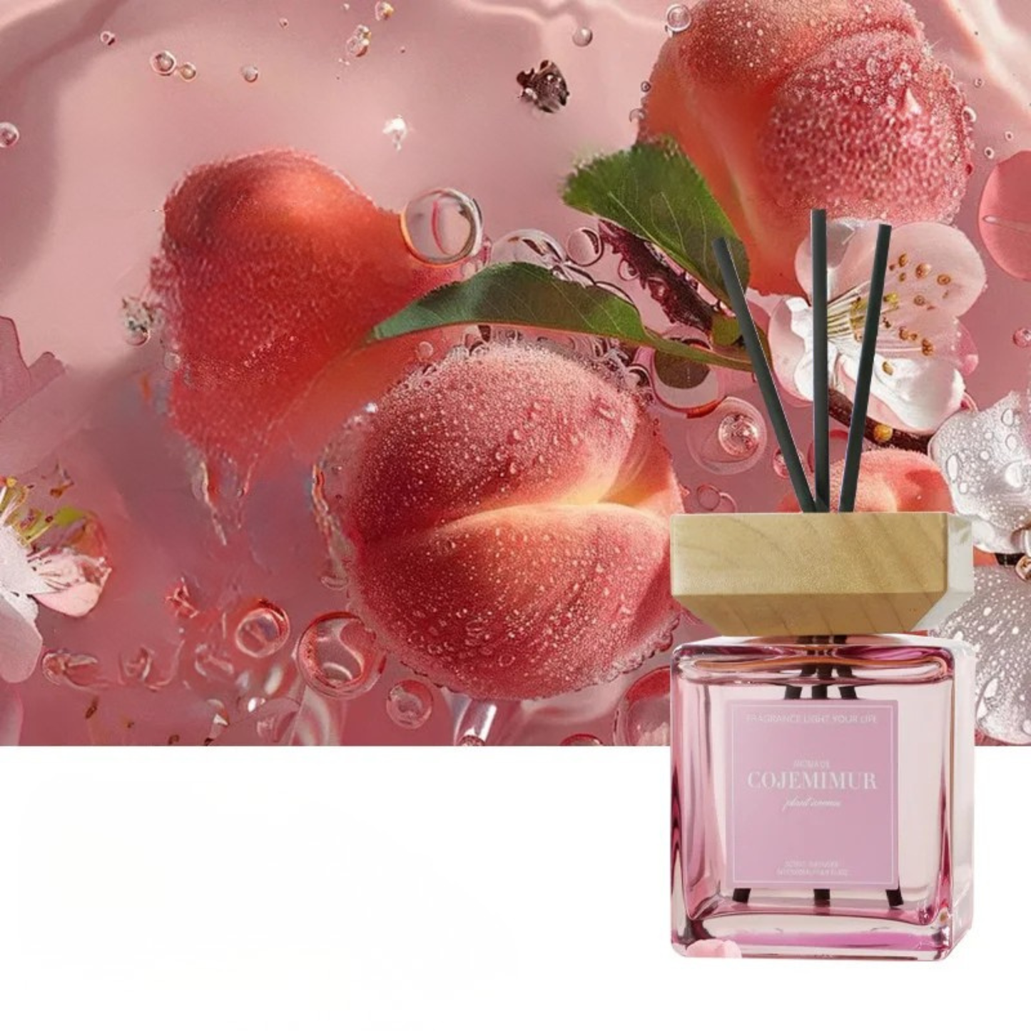 "Signature Scent" reed diffuser 200ml — White Peach Oolong — pink glass bottle with wooden cap and reed sticks — CL House