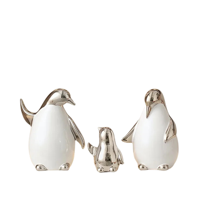 "Arctic Family" ceramic penguin family set of 3 in silver metallic finish, CL House