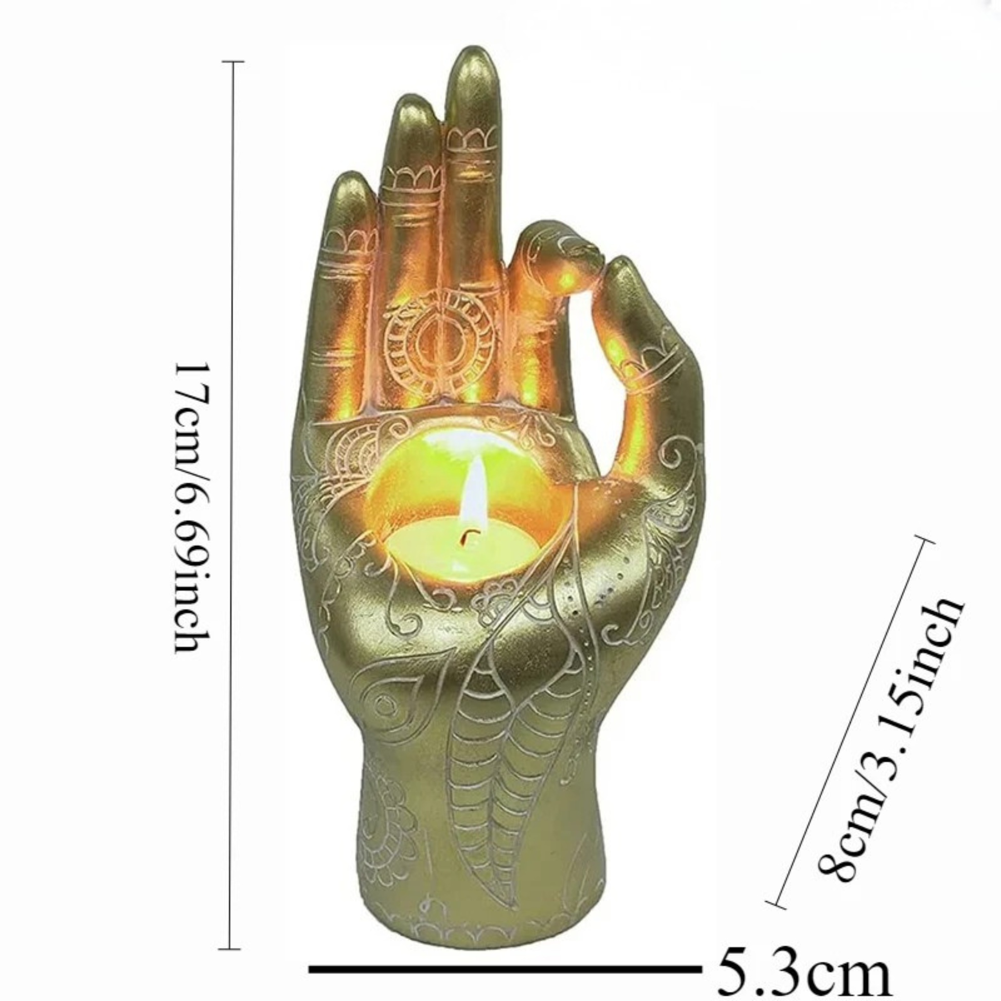 "Sacred Mudra" golden Buddha hand candle holder — side view with dimensions, antique gold mandala finish