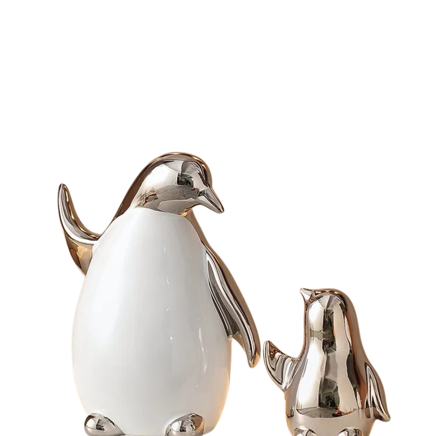 "Arctic Family" ceramic penguin figurine set of 2 in silver metallic finish, CL House