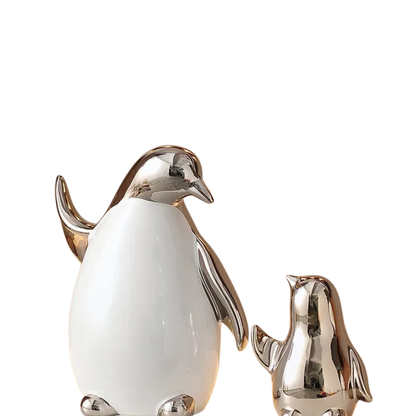 "Arctic Family" ceramic penguin figurine set of 2 in silver metallic finish, CL House